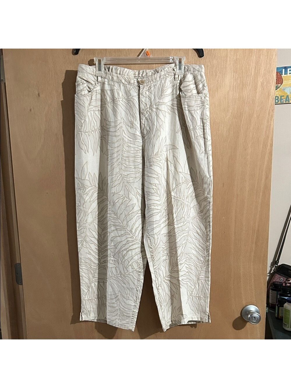 Easy Spirit Beige Leaf Print Linen Pants